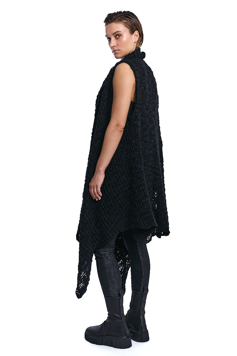 BLACK ASYMMETRICAL WOOL-BLEND BRAIDED BOUCLÉ GILET