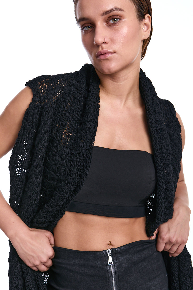 BLACK ASYMMETRICAL WOOL-BLEND BRAIDED BOUCLÉ GILET