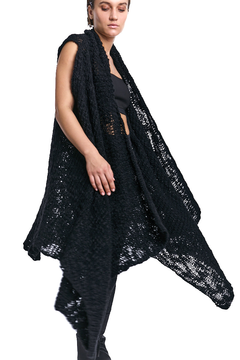 BLACK ASYMMETRICAL WOOL-BLEND BRAIDED BOUCLÉ GILET
