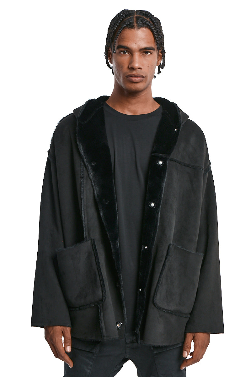 BLACK REVERSIBLE ECO-SHEARLING JACKET