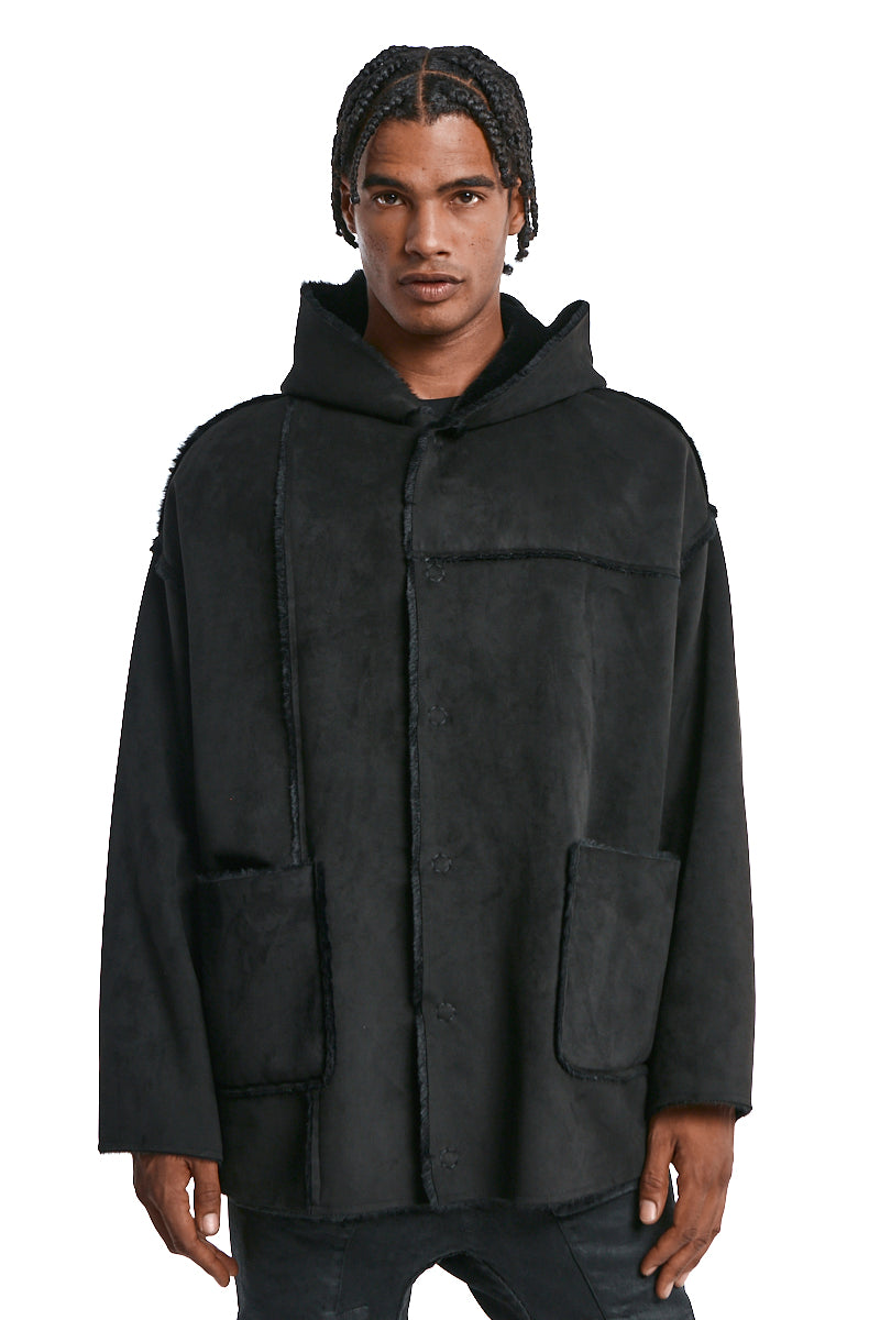 BLACK REVERSIBLE ECO-SHEARLING JACKET