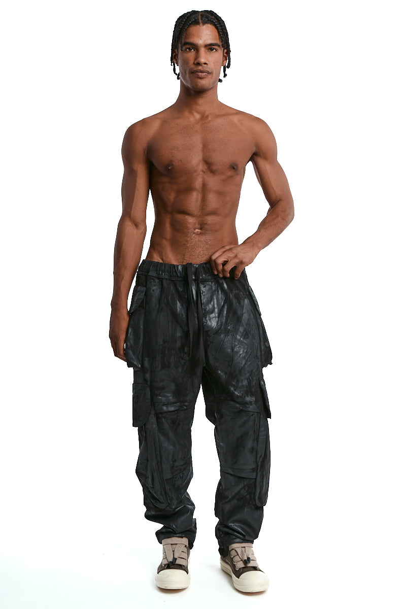 BLACK RUBBERIZED CARGO TROUSERS