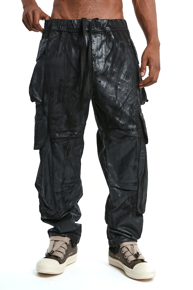 BLACK RUBBERIZED CARGO TROUSERS