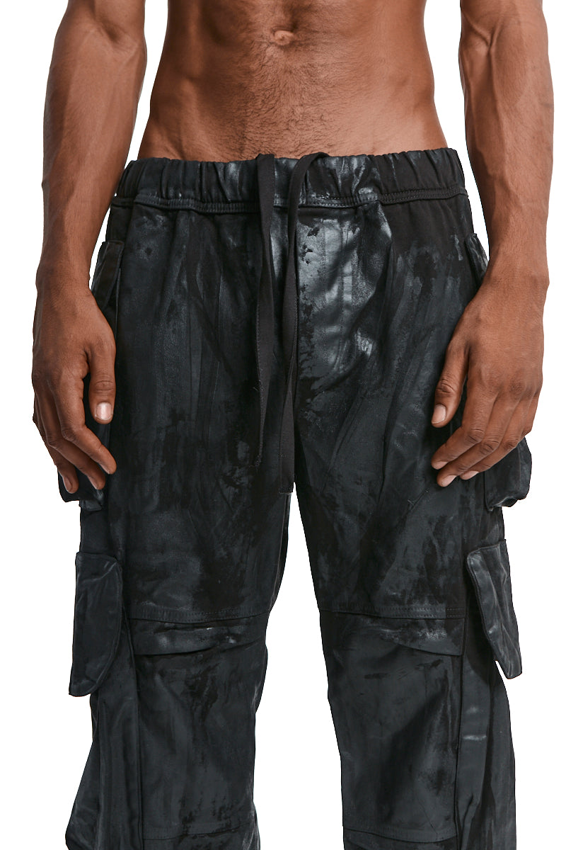BLACK RUBBERIZED CARGO TROUSERS
