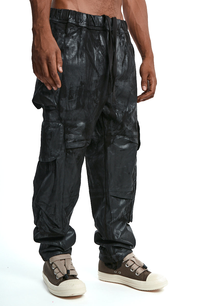 BLACK RUBBERIZED CARGO TROUSERS