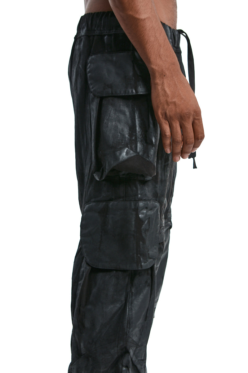 BLACK RUBBERIZED CARGO TROUSERS