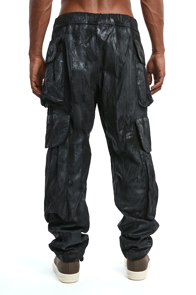BLACK RUBBERIZED CARGO TROUSERS