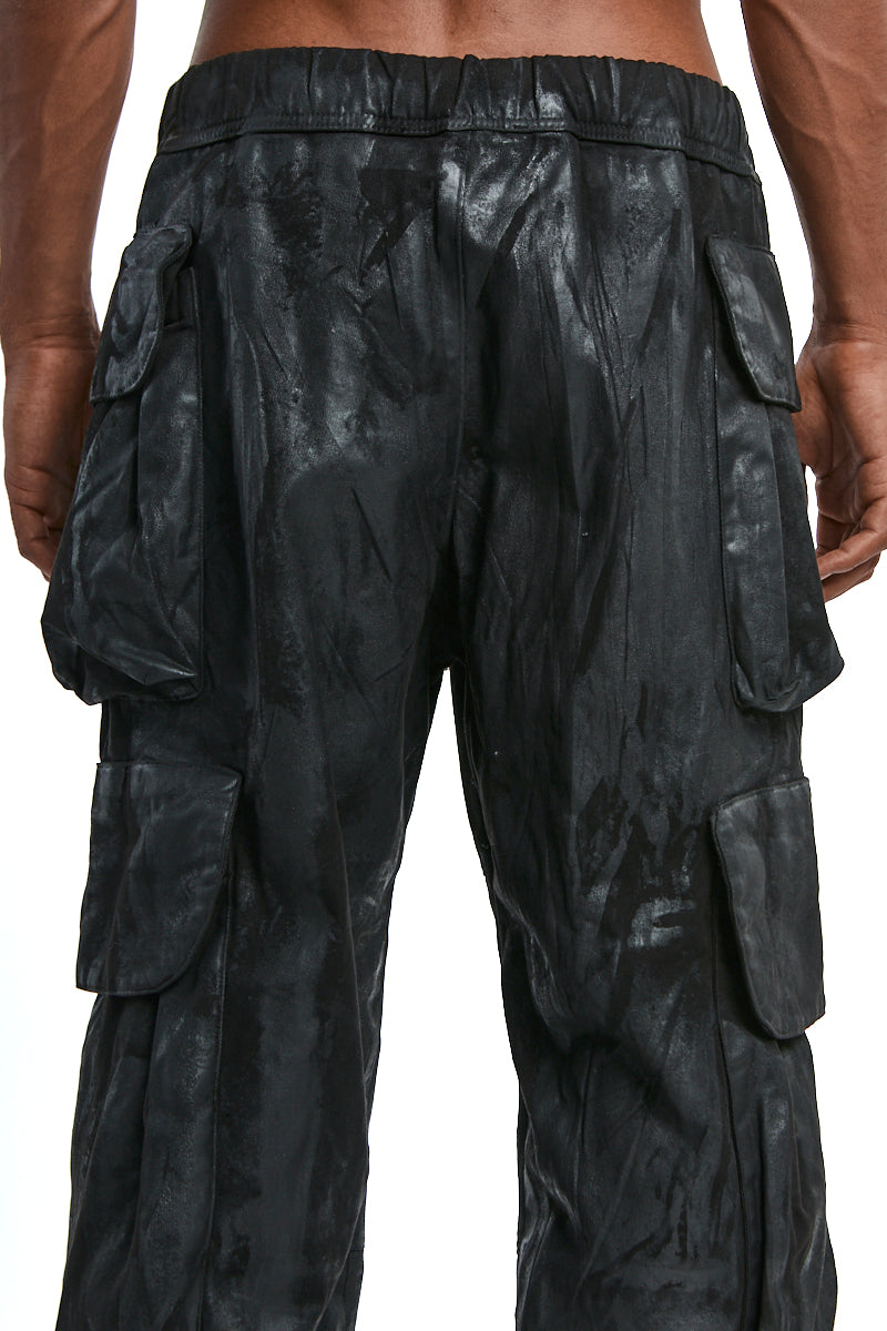 BLACK RUBBERIZED CARGO TROUSERS