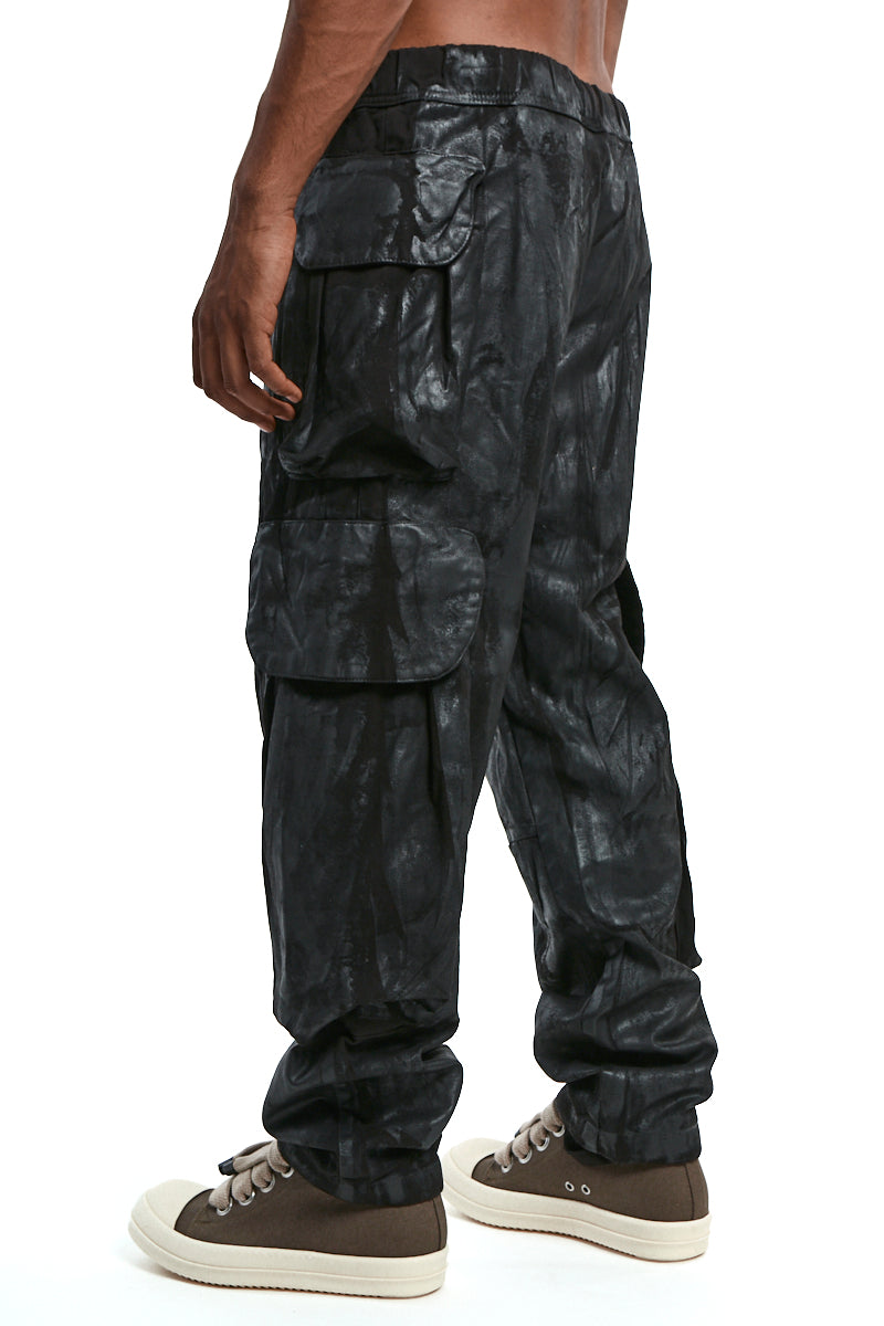 BLACK RUBBERIZED CARGO TROUSERS