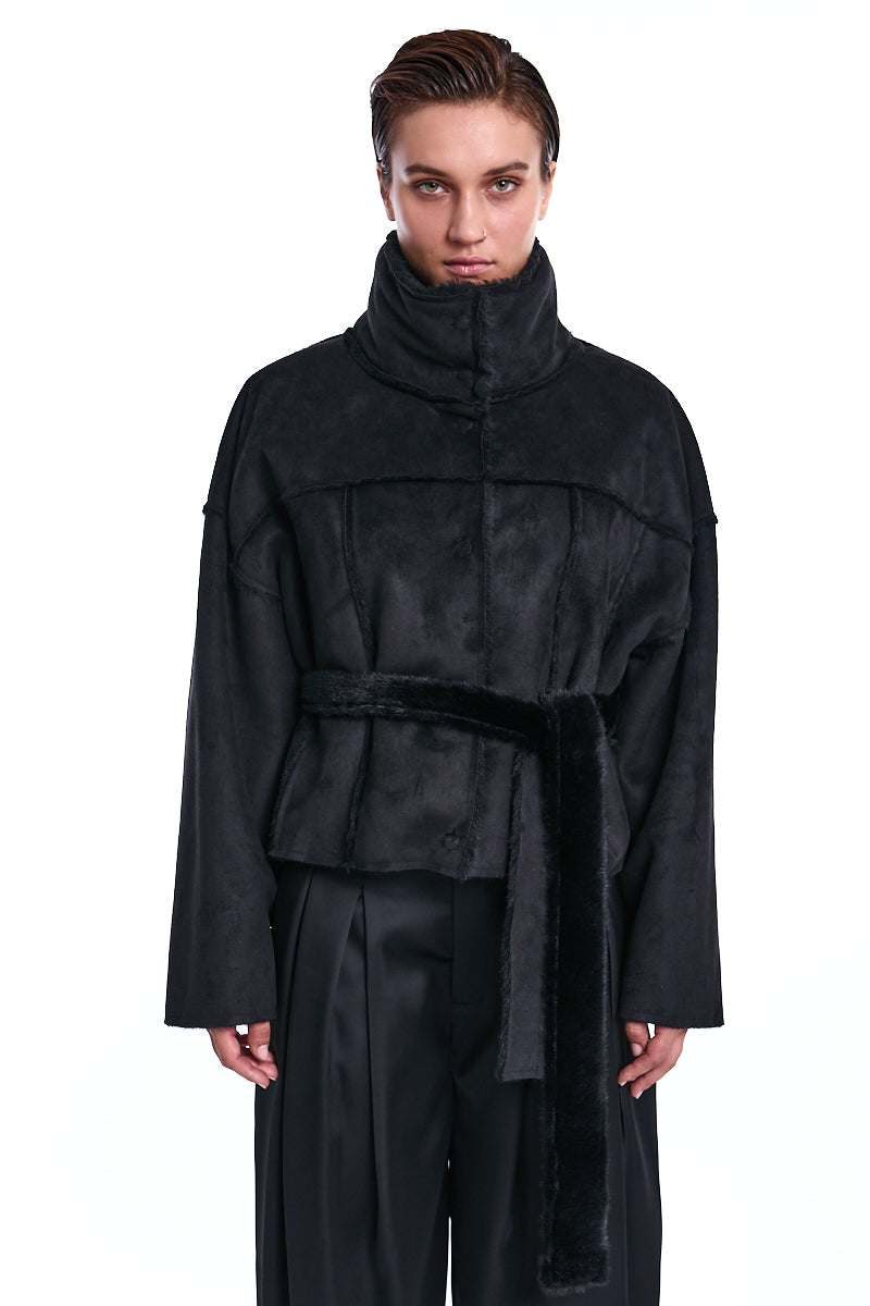 BLACK CROPPED DOUBLE-FACE VEGAN SHEEPSKIN JACKET