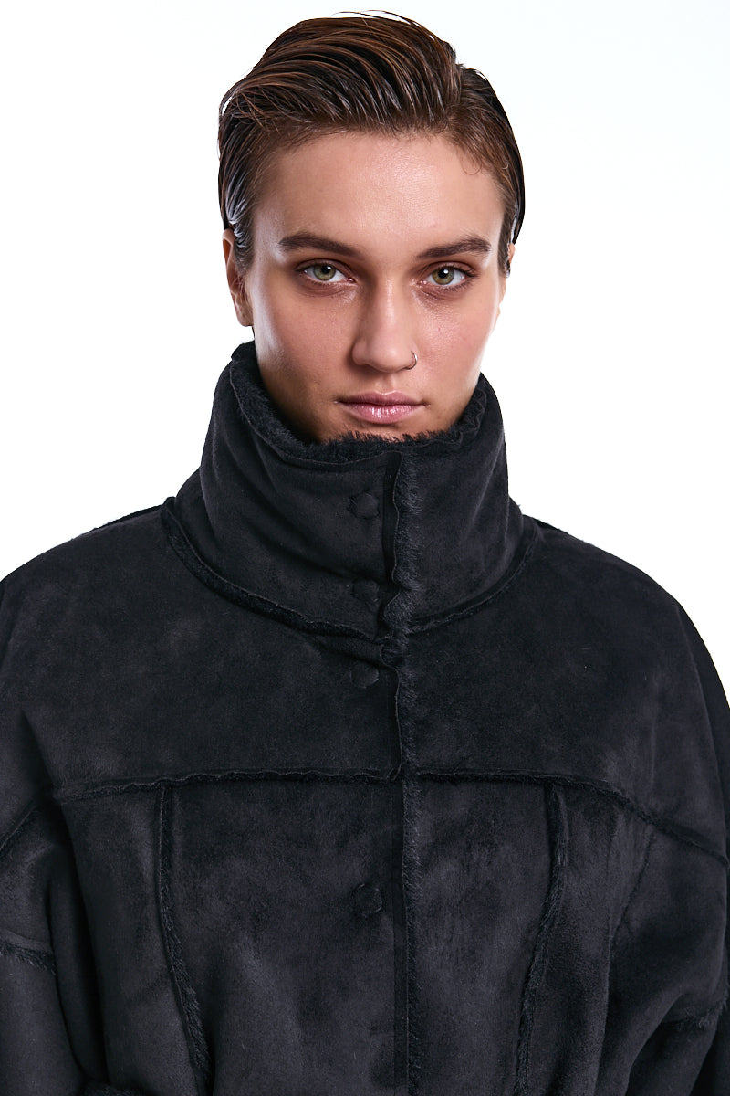 BLACK CROPPED DOUBLE-FACE VEGAN SHEEPSKIN JACKET