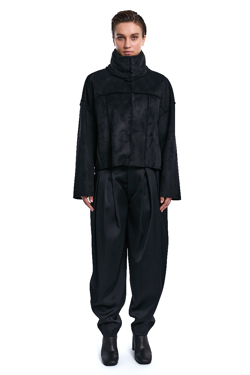 BLACK CROPPED DOUBLE-FACE VEGAN SHEEPSKIN JACKET