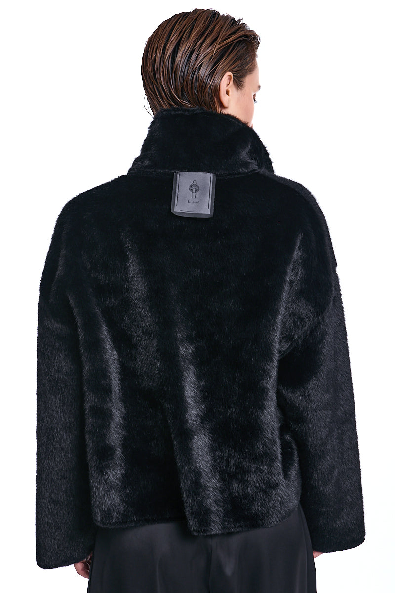 BLACK CROPPED DOUBLE-FACE VEGAN SHEEPSKIN JACKET