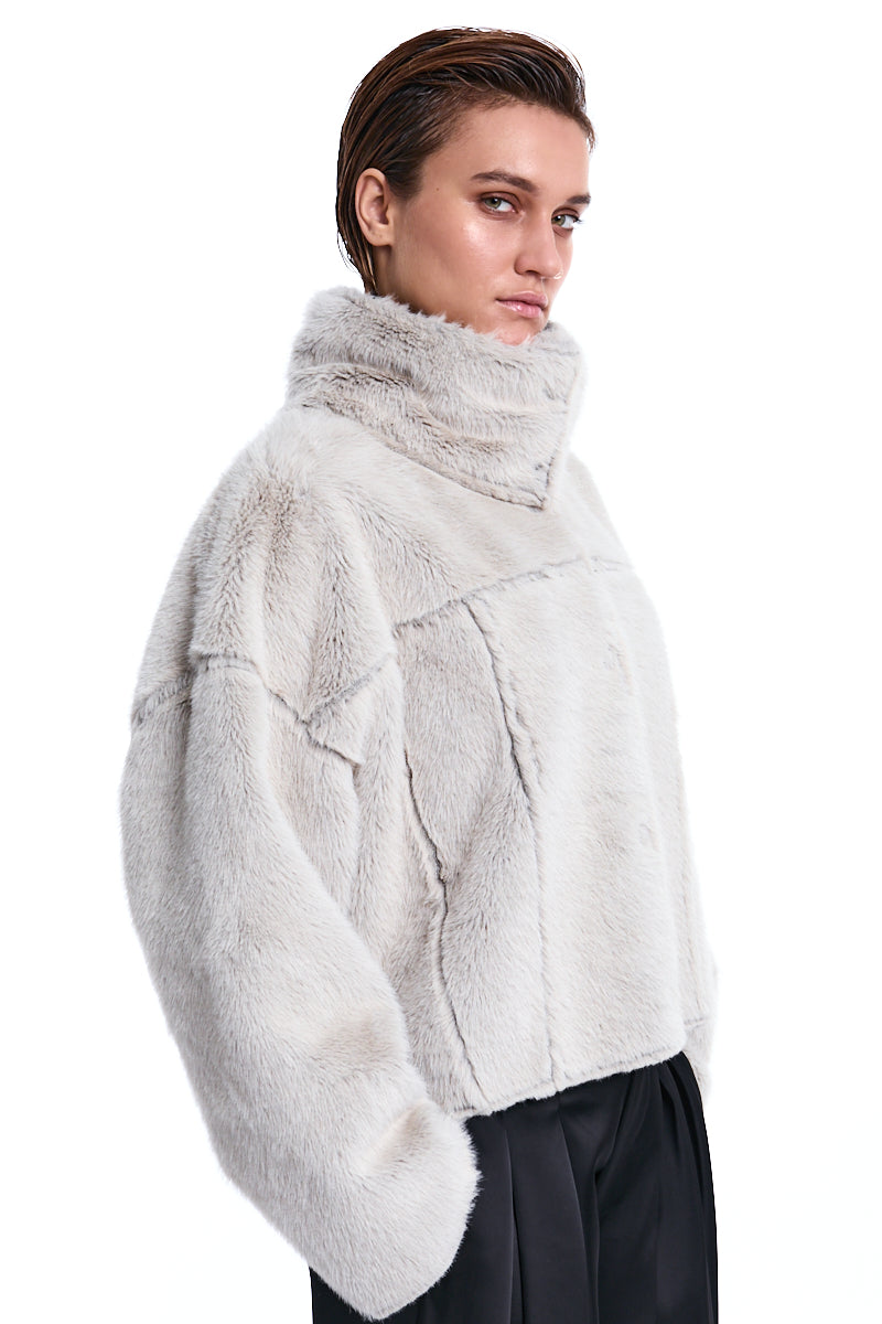 SAND CROPPED DOUBLE-FACE VEGAN SHEEPSKIN JACKET