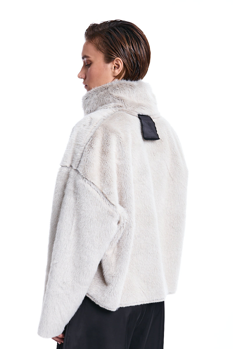SAND CROPPED DOUBLE-FACE VEGAN SHEEPSKIN JACKET