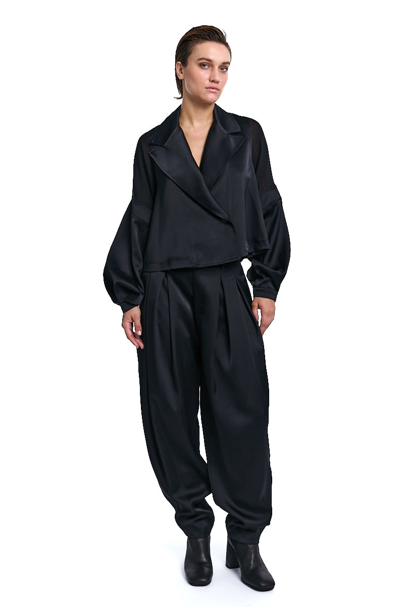 BLACK OVER CROP SATIN &amp; GAUZE VISCOSE WOOL BLAZER