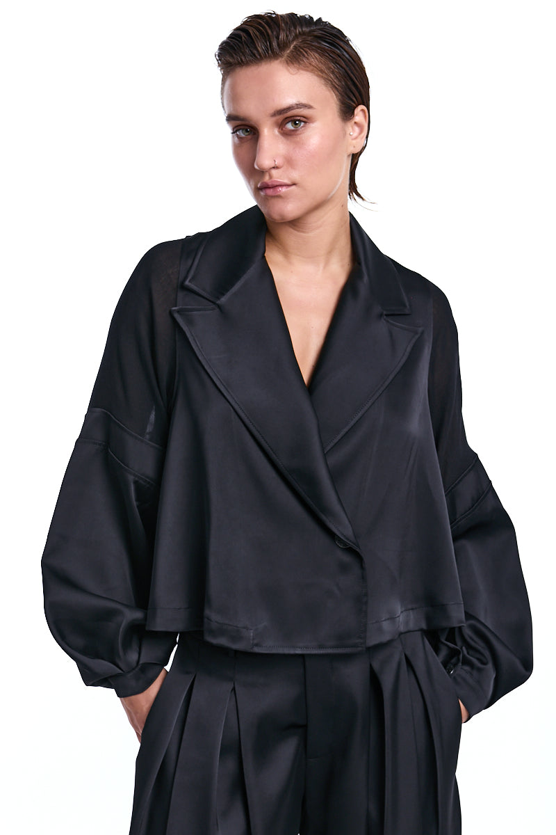BLACK OVER CROP SATIN &amp; GAUZE VISCOSE WOOL BLAZER