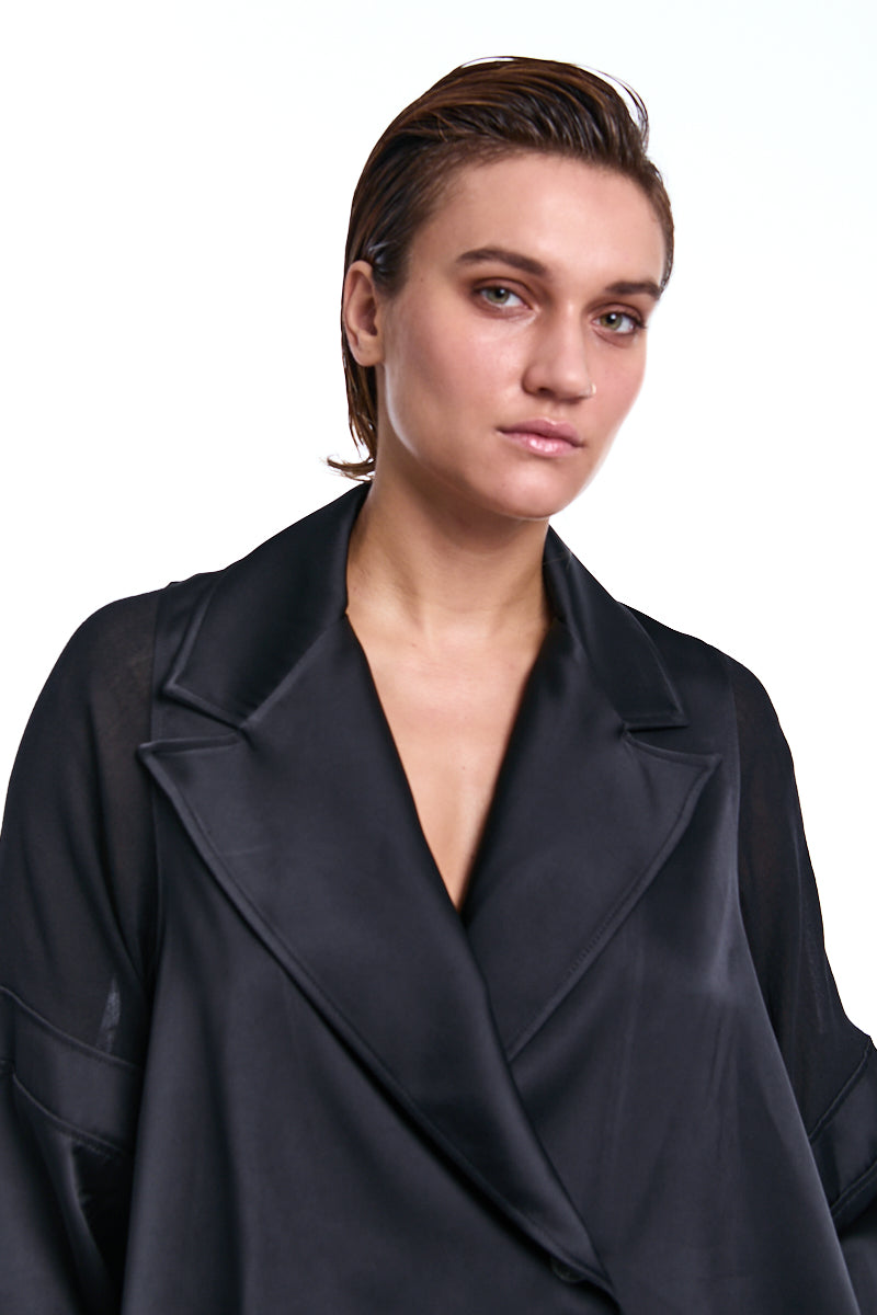 BLACK OVER CROP SATIN &amp; GAUZE VISCOSE WOOL BLAZER