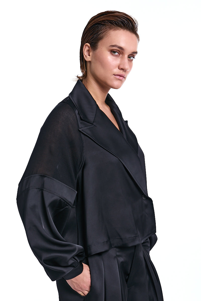 BLACK OVER CROP SATIN &amp; GAUZE VISCOSE WOOL BLAZER