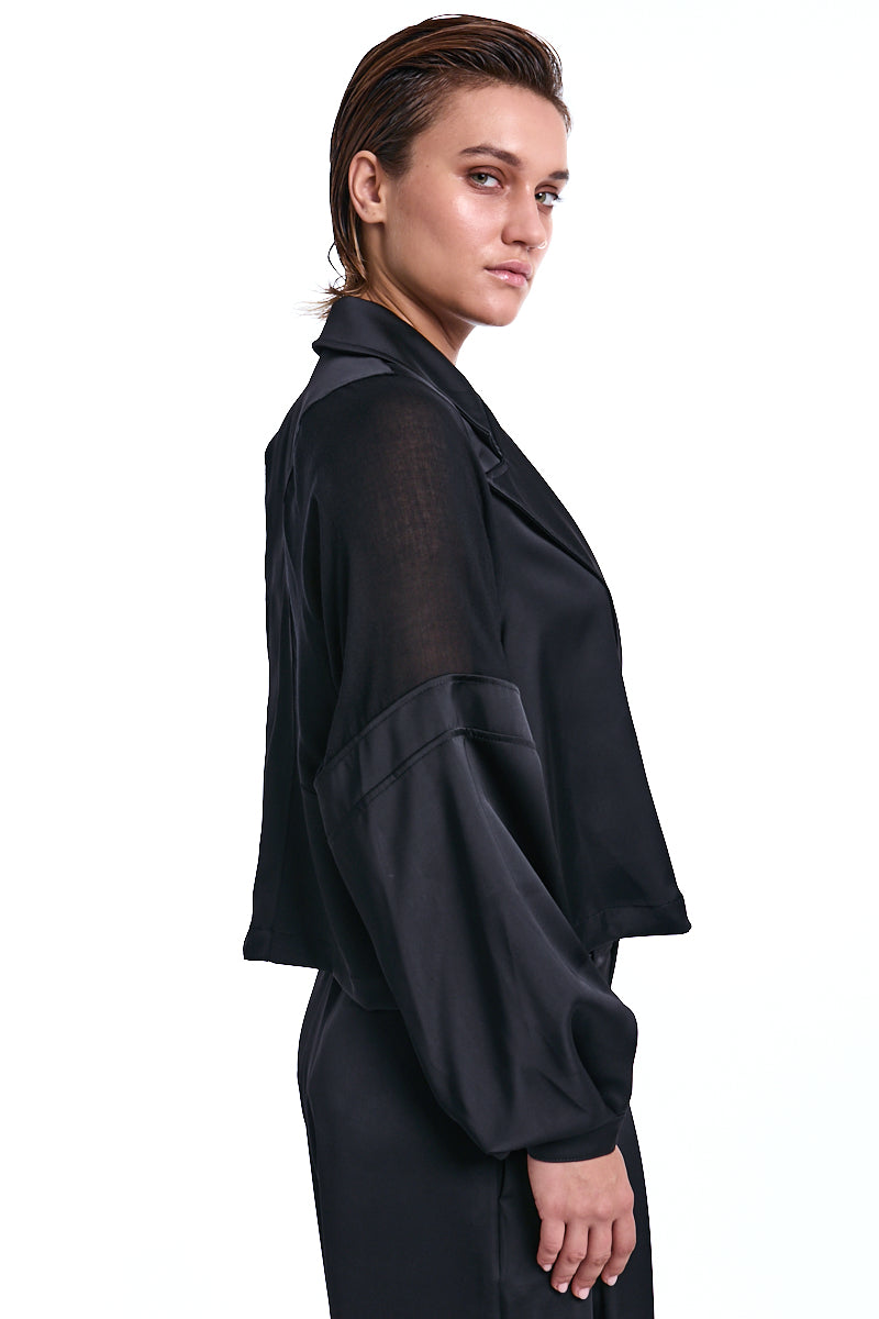 BLACK OVER CROP SATIN &amp; GAUZE VISCOSE WOOL BLAZER