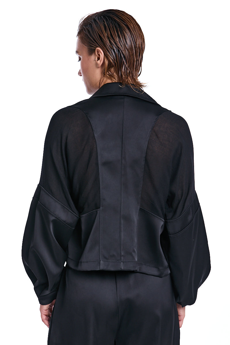 BLACK OVER CROP SATIN & GAUZE VISCOSE WOOL BLAZER