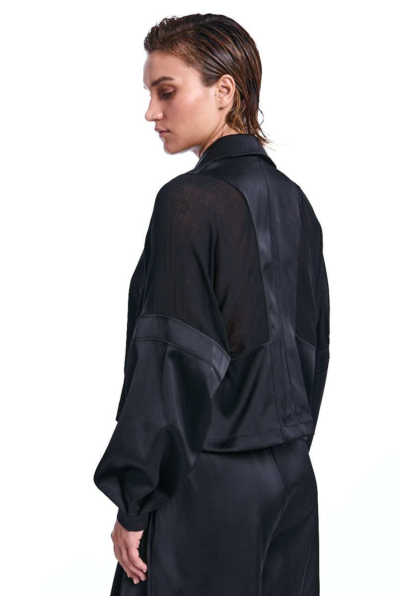 BLACK OVER CROP SATIN &amp; GAUZE VISCOSE WOOL BLAZER