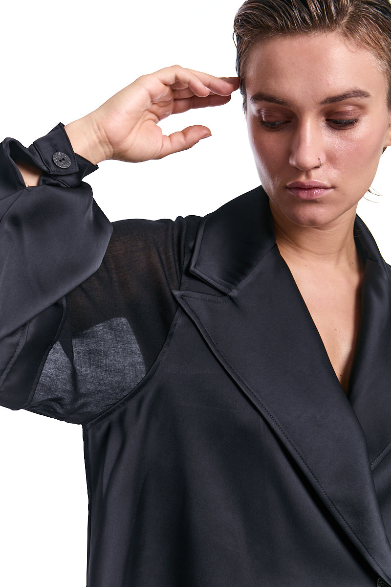 BLACK OVER CROP SATIN &amp; GAUZE VISCOSE WOOL BLAZER