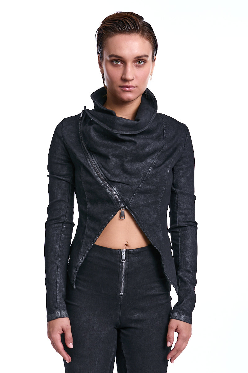 BLACK ASYMMETRIC STRETCH COTTON BLAZER