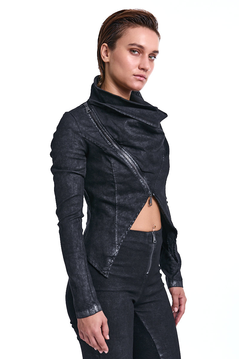 BLACK ASYMMETRIC STRETCH COTTON BLAZER