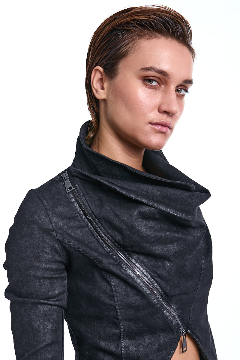 BLACK ASYMMETRIC STRETCH COTTON BLAZER
