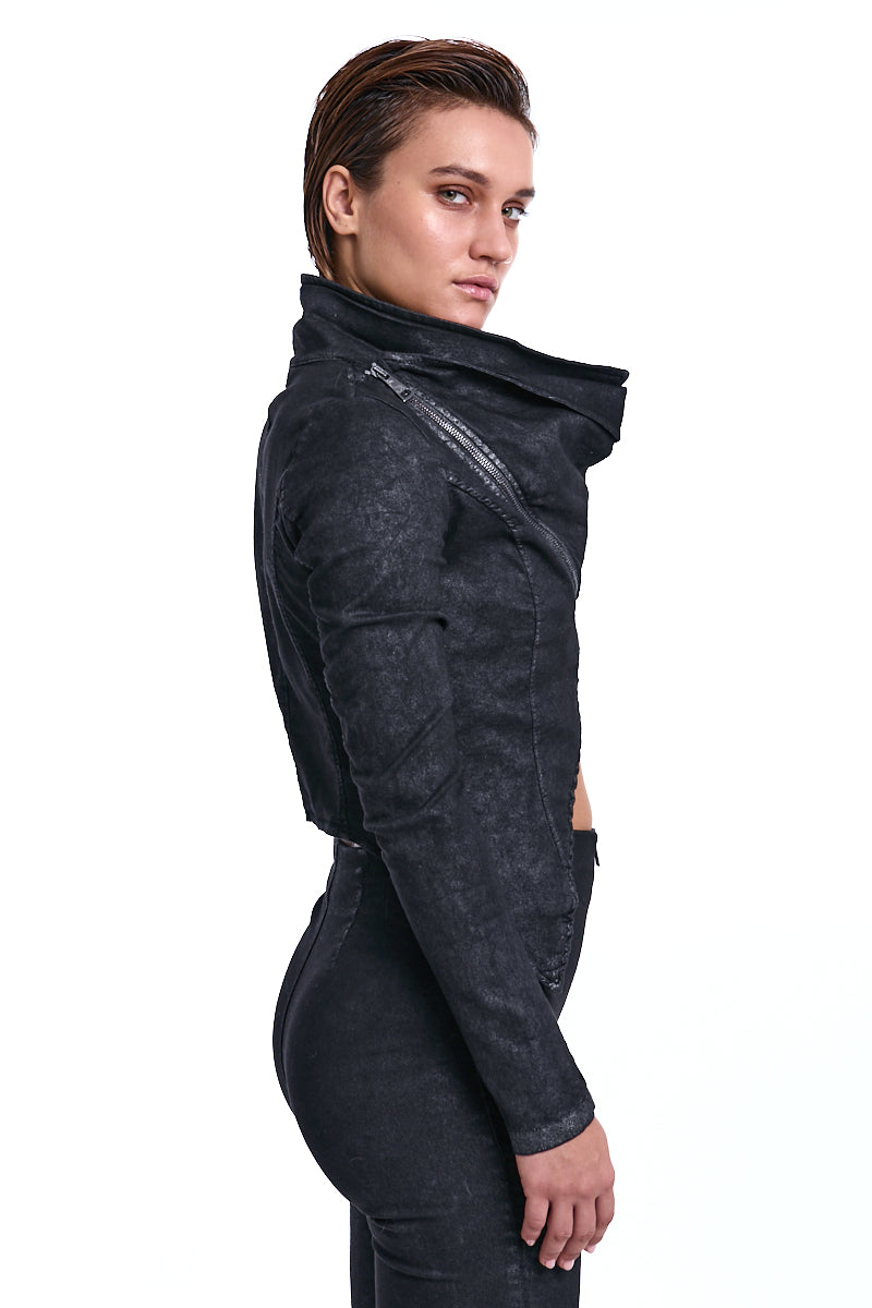 BLACK ASYMMETRIC STRETCH COTTON BLAZER