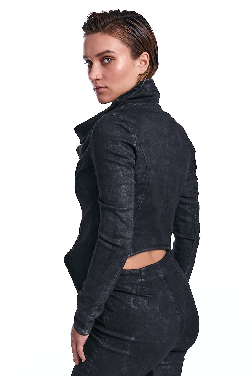 BLACK ASYMMETRIC STRETCH COTTON BLAZER