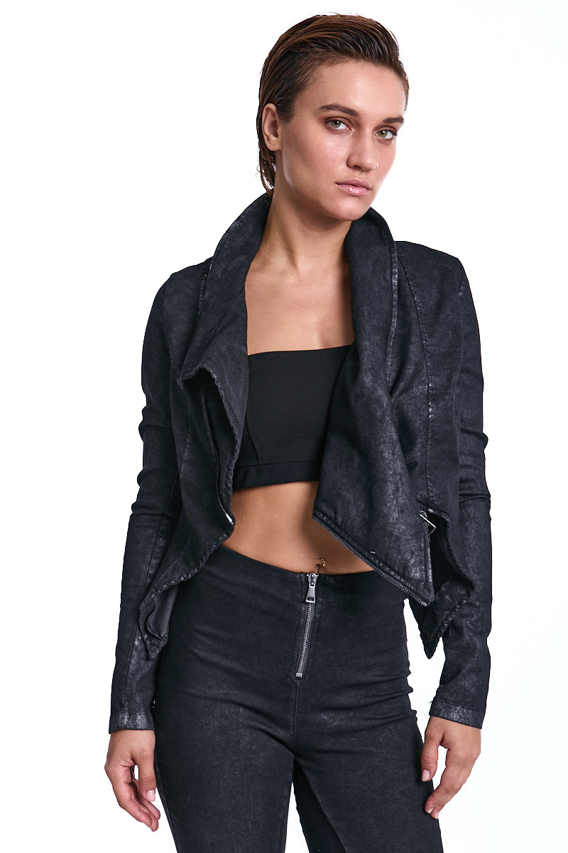BLACK ASYMMETRIC STRETCH COTTON BLAZER