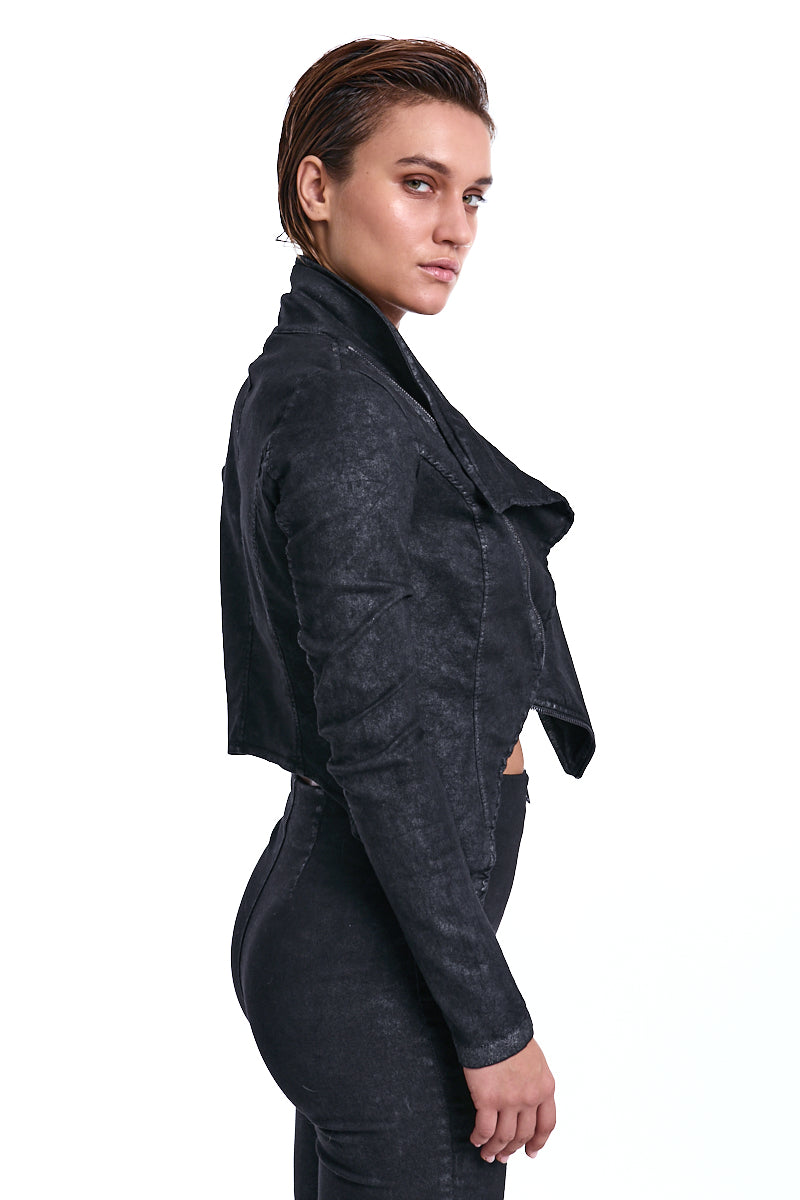 BLACK ASYMMETRIC STRETCH COTTON BLAZER