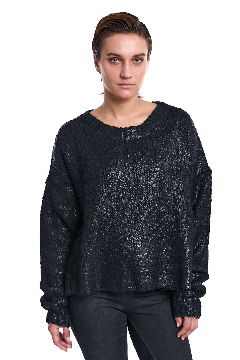SWEATER OVER KNITTED BOUCLE COATED BLACK