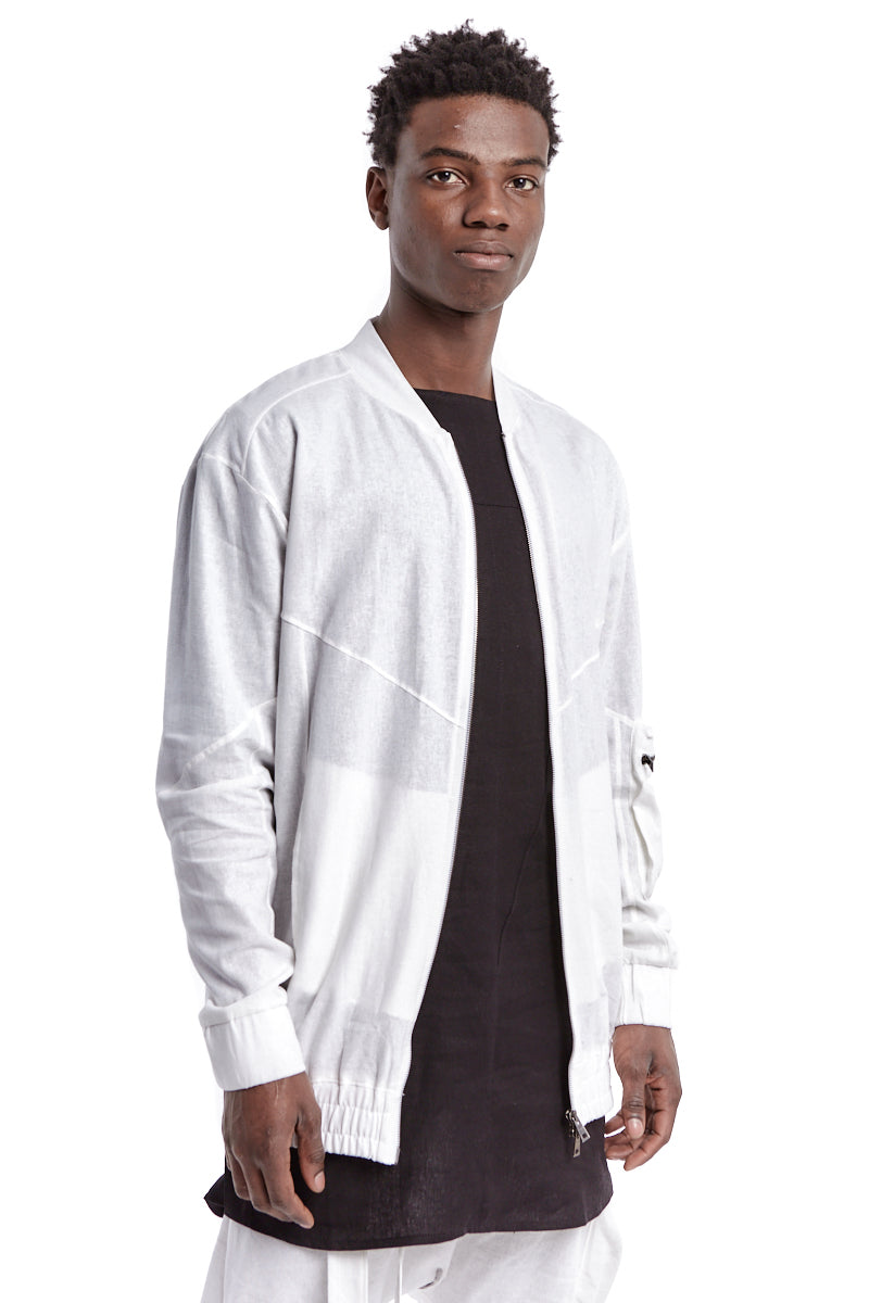 WHITE LINEN BOMBER JACKET