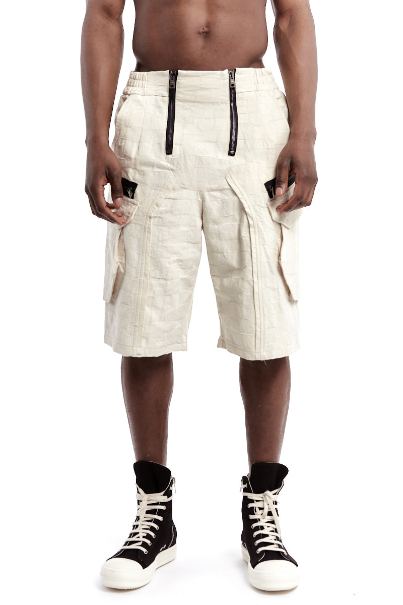 ECRU TEXTURED DOUBLE ZIP SHORTS
