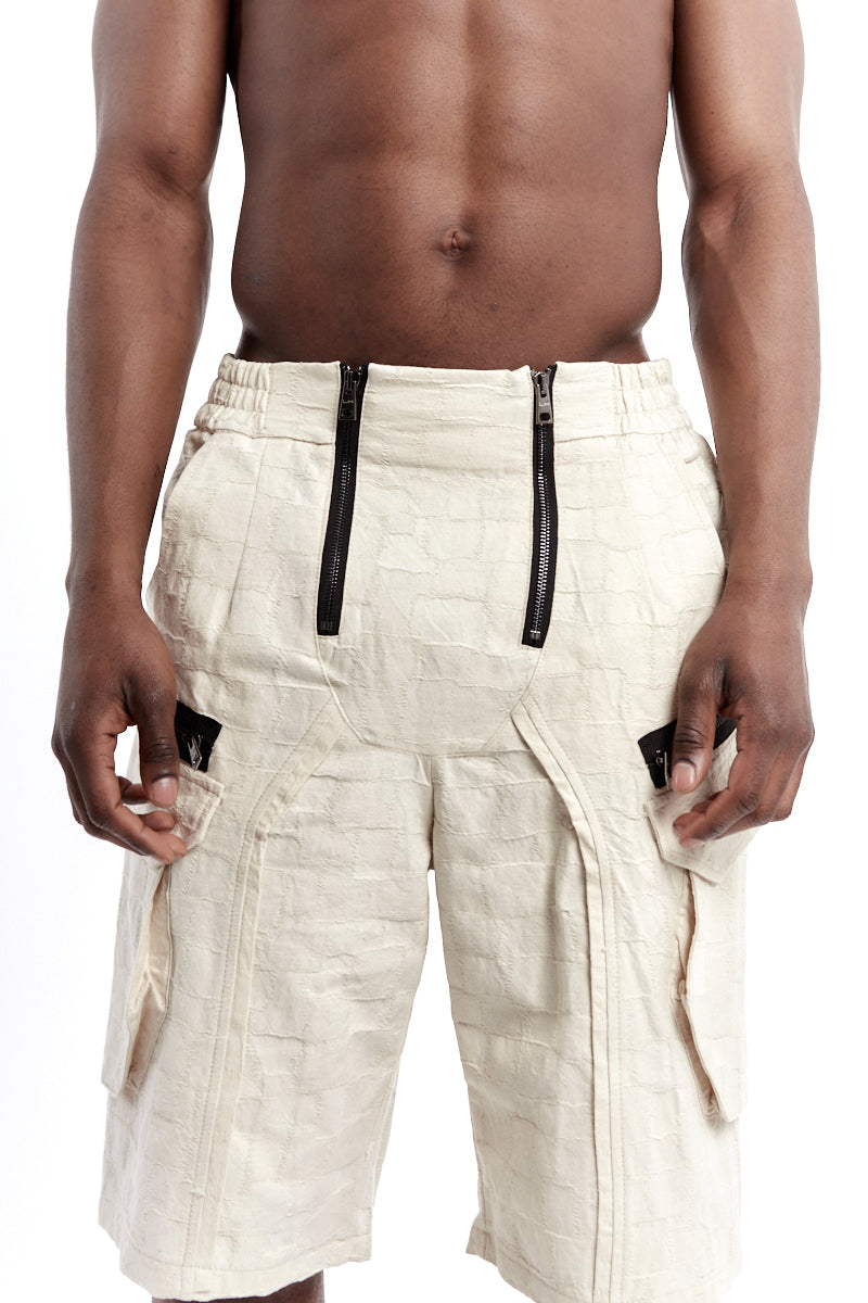 ECRU TEXTURED DOUBLE ZIP SHORTS