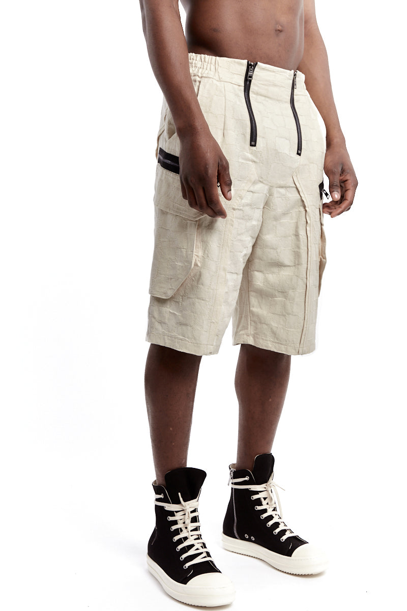 ECRU TEXTURED DOUBLE ZIP SHORTS