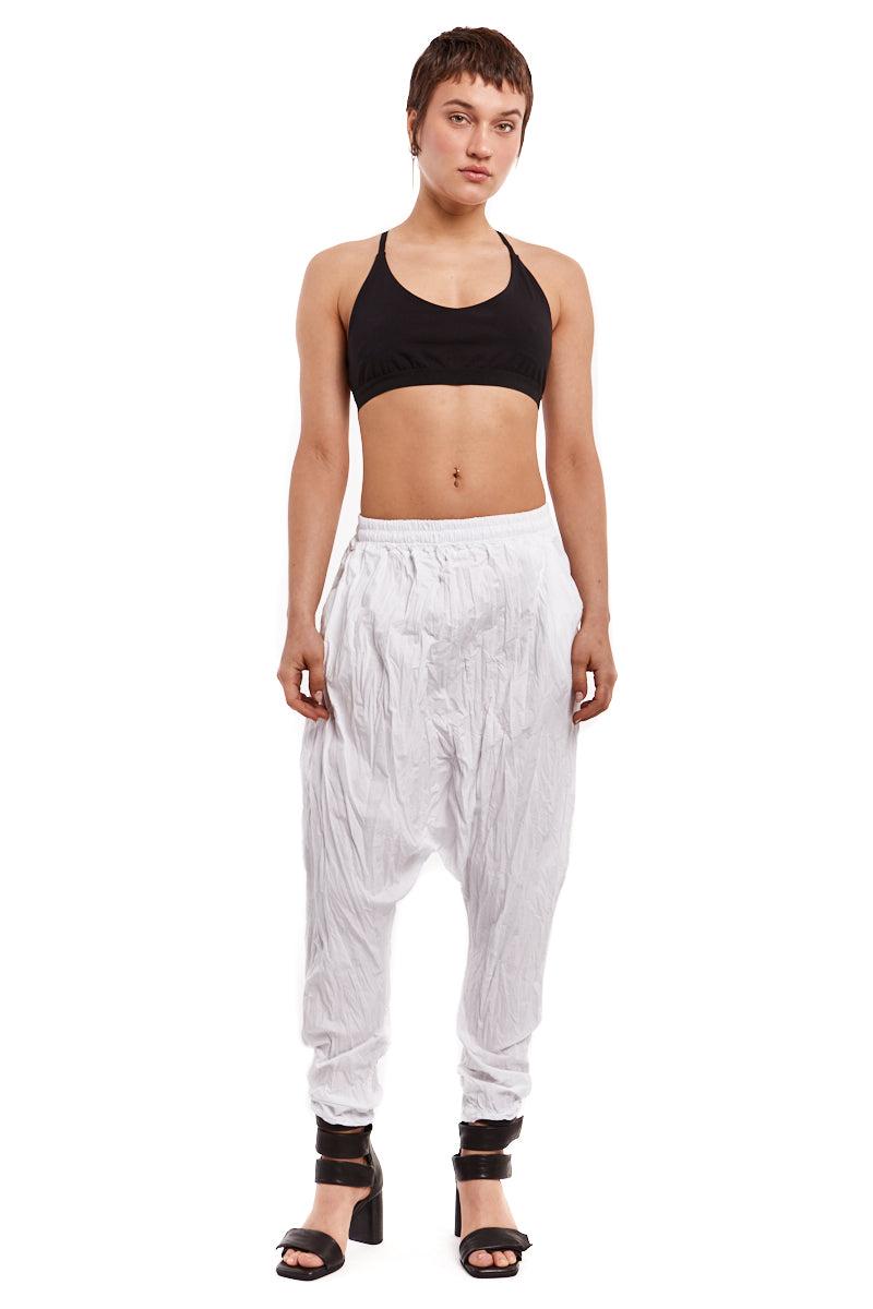 WHITE CRUMPLED LOW CROTCH TROUSERS