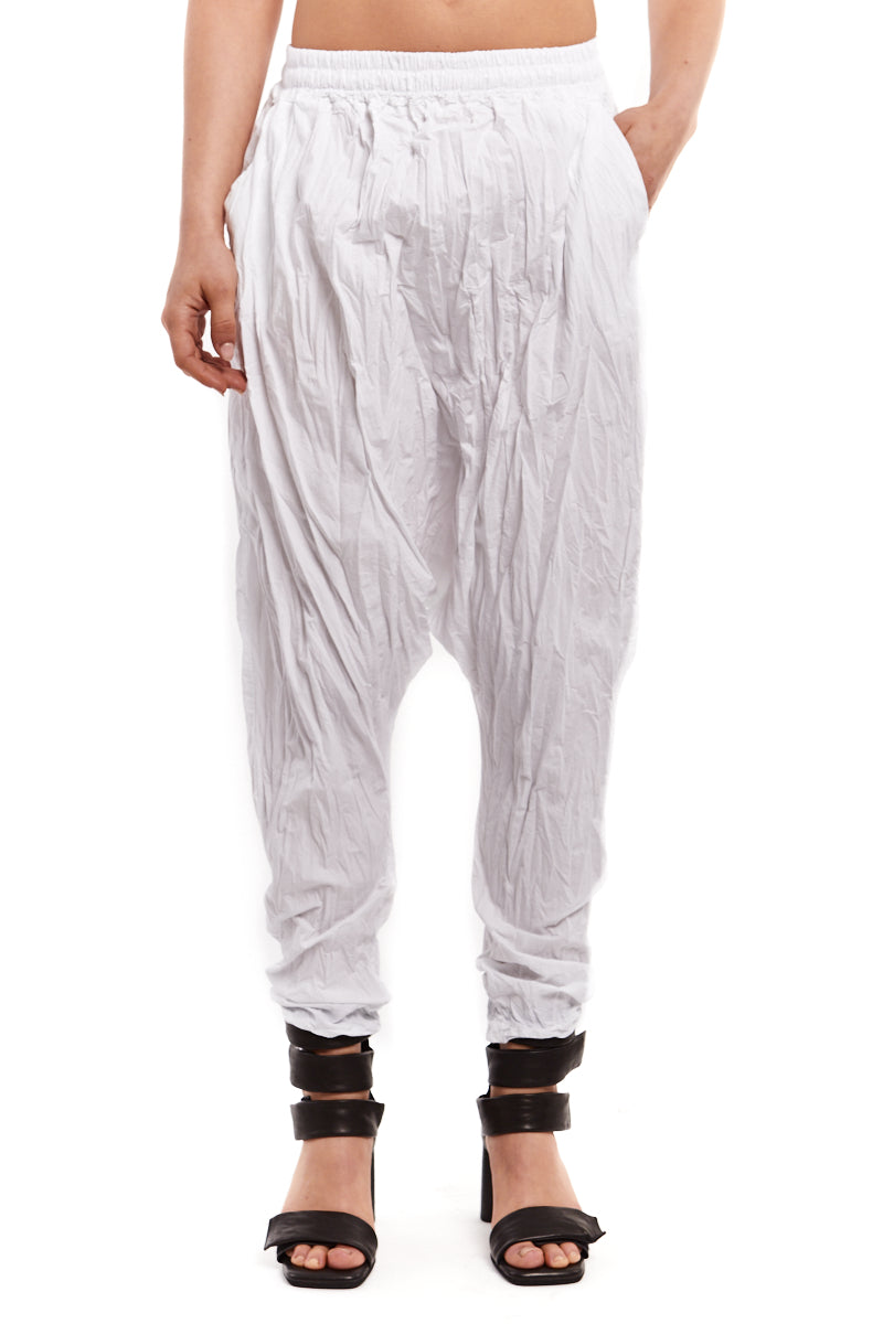 WHITE CRUMPLED LOW CROTCH TROUSERS
