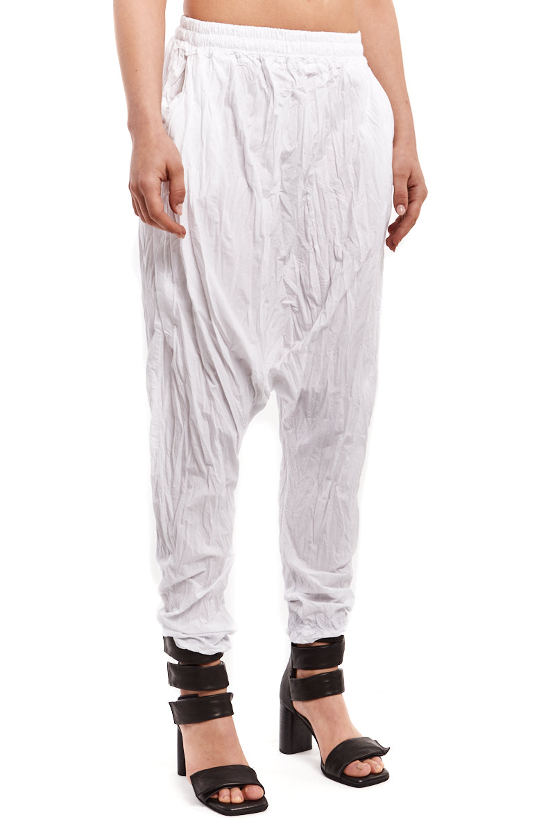 WHITE CRUMPLED LOW CROTCH TROUSERS