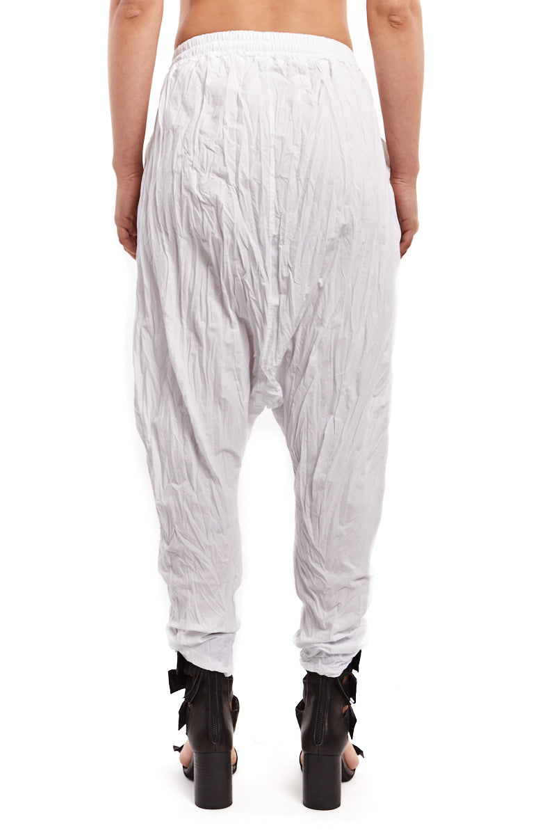 WHITE CRUMPLED LOW CROTCH TROUSERS