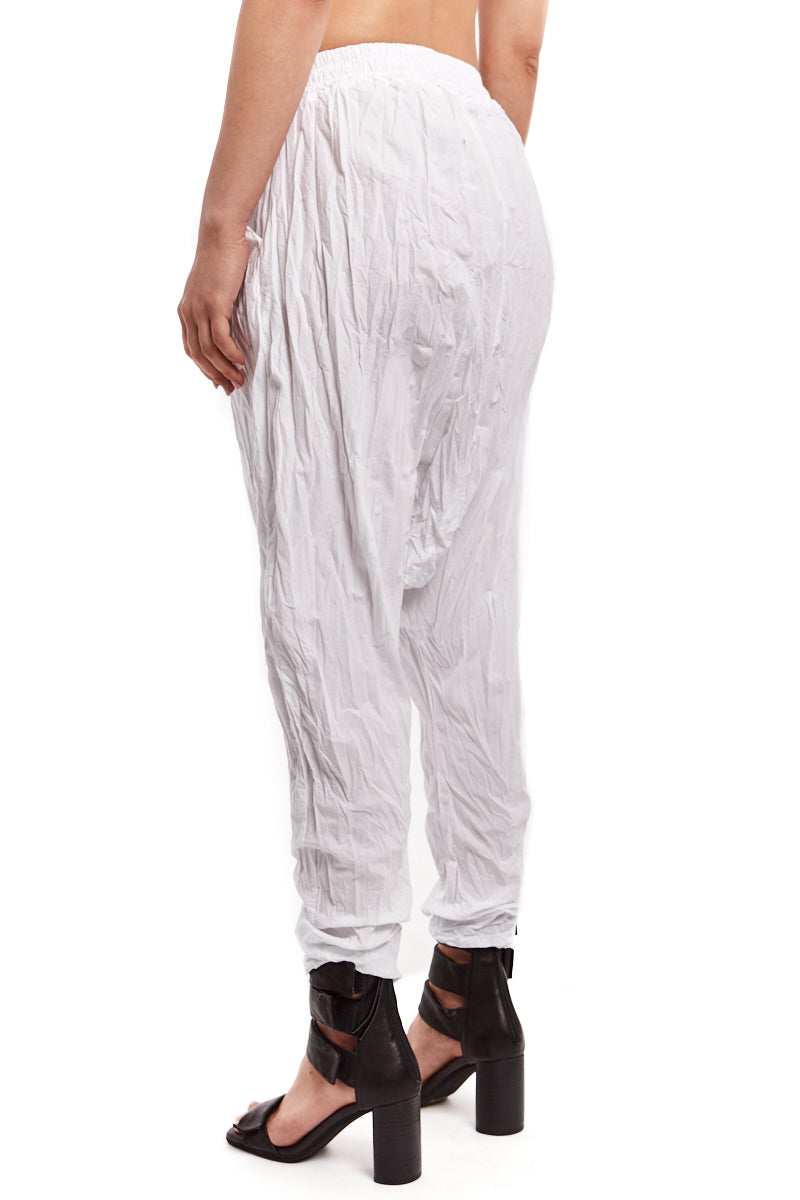 WHITE CRUMPLED LOW CROTCH TROUSERS