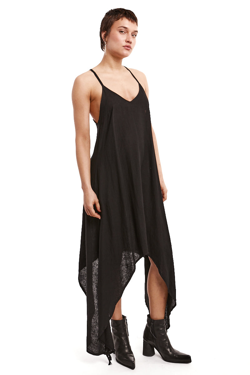 BLACK LONG LINEN-BLEND DRESS