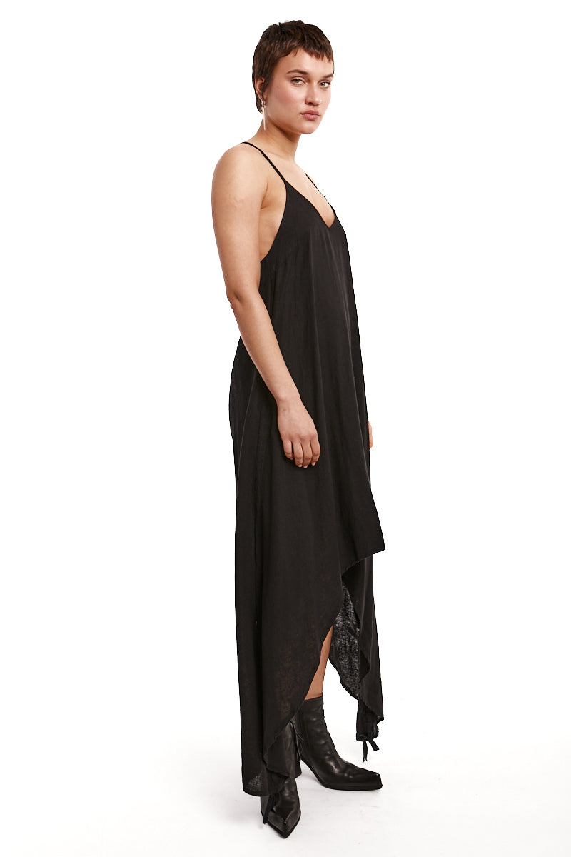 BLACK LONG LINEN-BLEND DRESS
