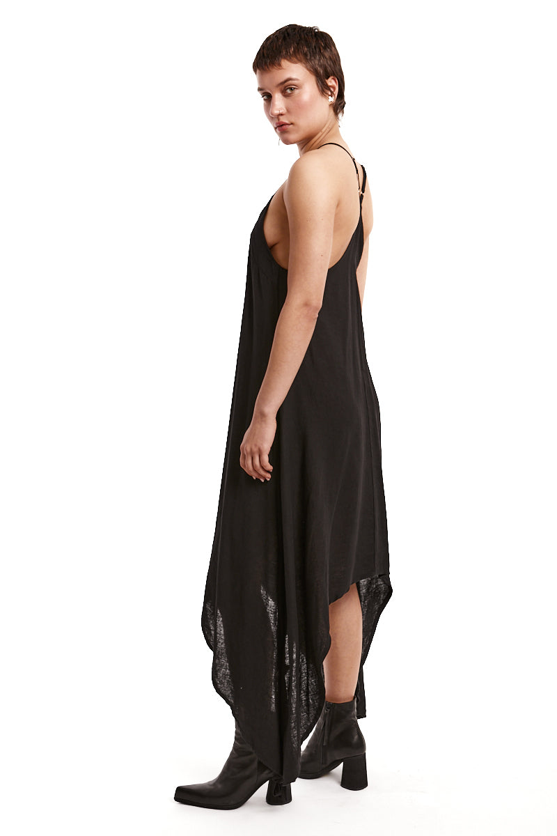 BLACK LONG LINEN-BLEND DRESS