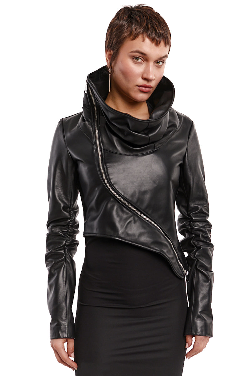 ASYMMETRIC ZIPPED LEATHER JACKET