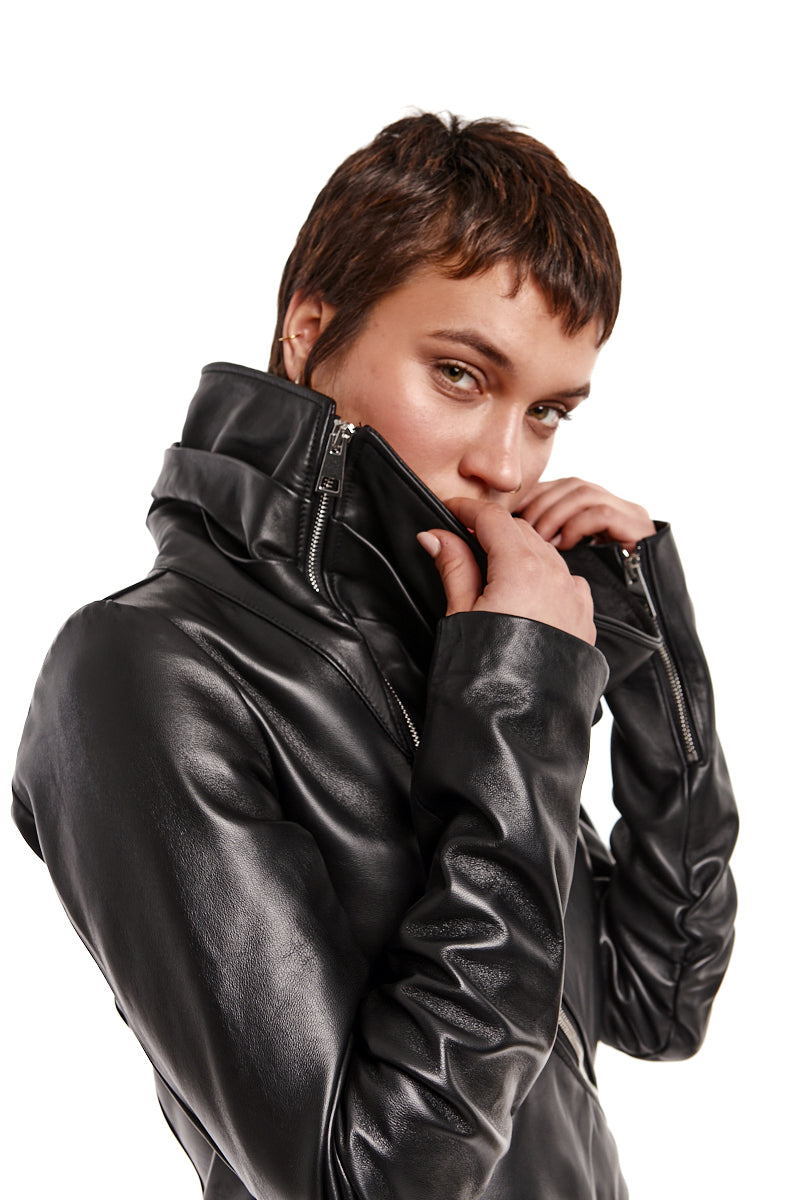 ASYMMETRIC ZIPPED LEATHER JACKET