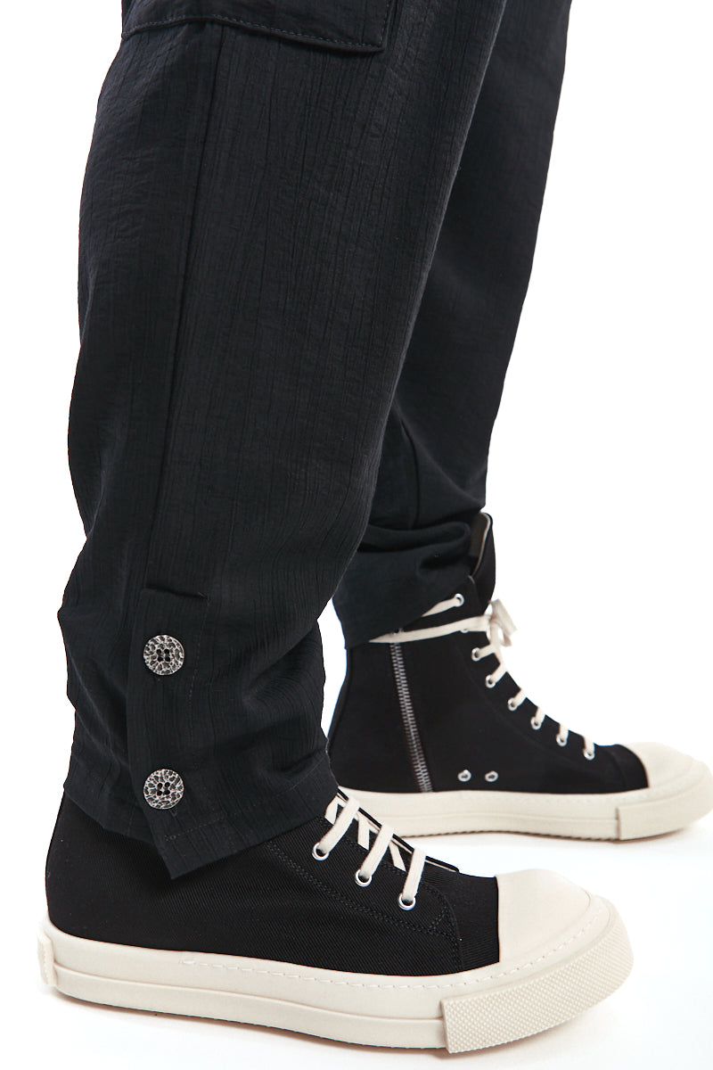 BLACK TEXTURED VISCOSE COMFORT CARGO PANTS